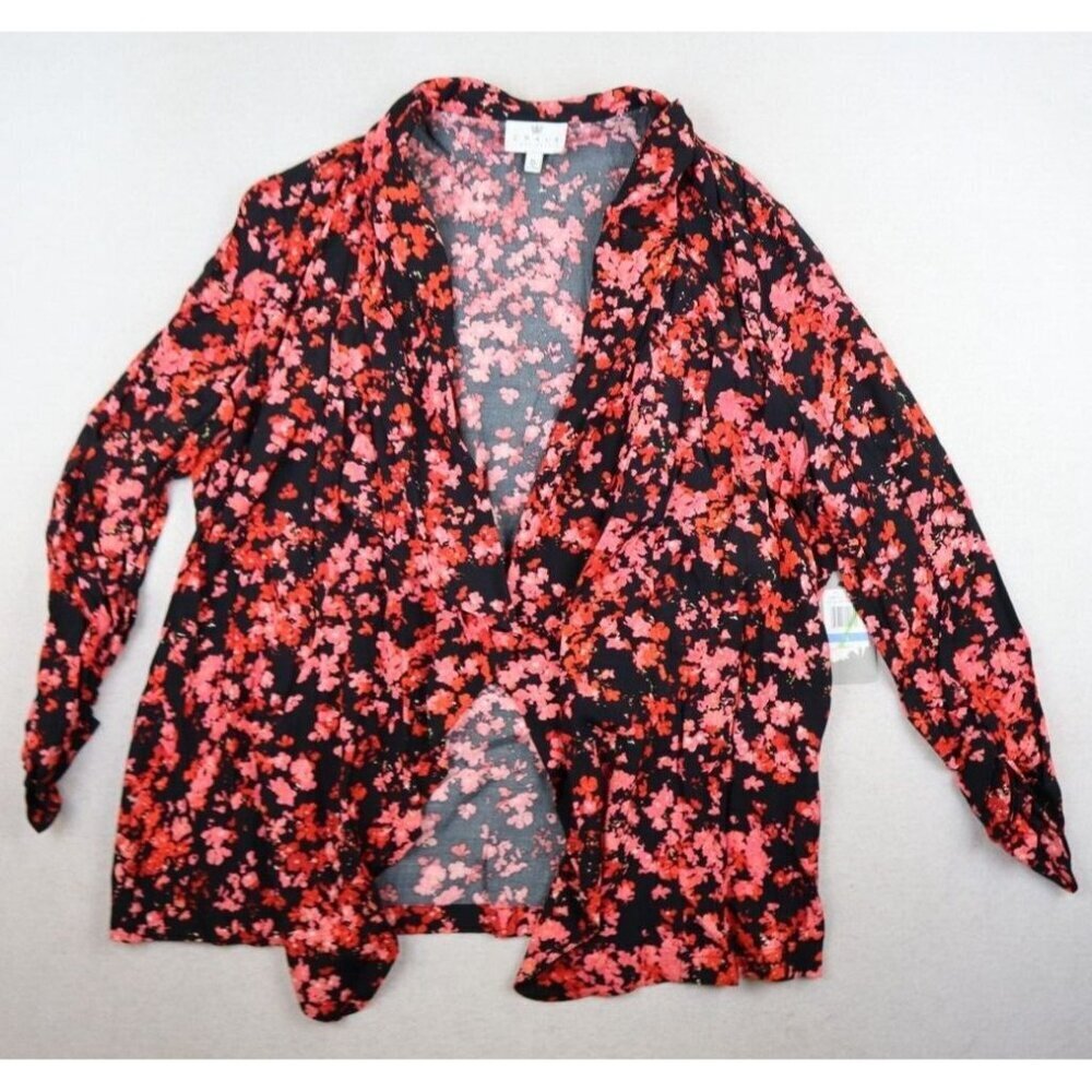 CHAUS NEW YORK - WOMEN'S BLACK & PINK FLORAL PRINT OPEN FRONT BLOUSE - SIZE XL